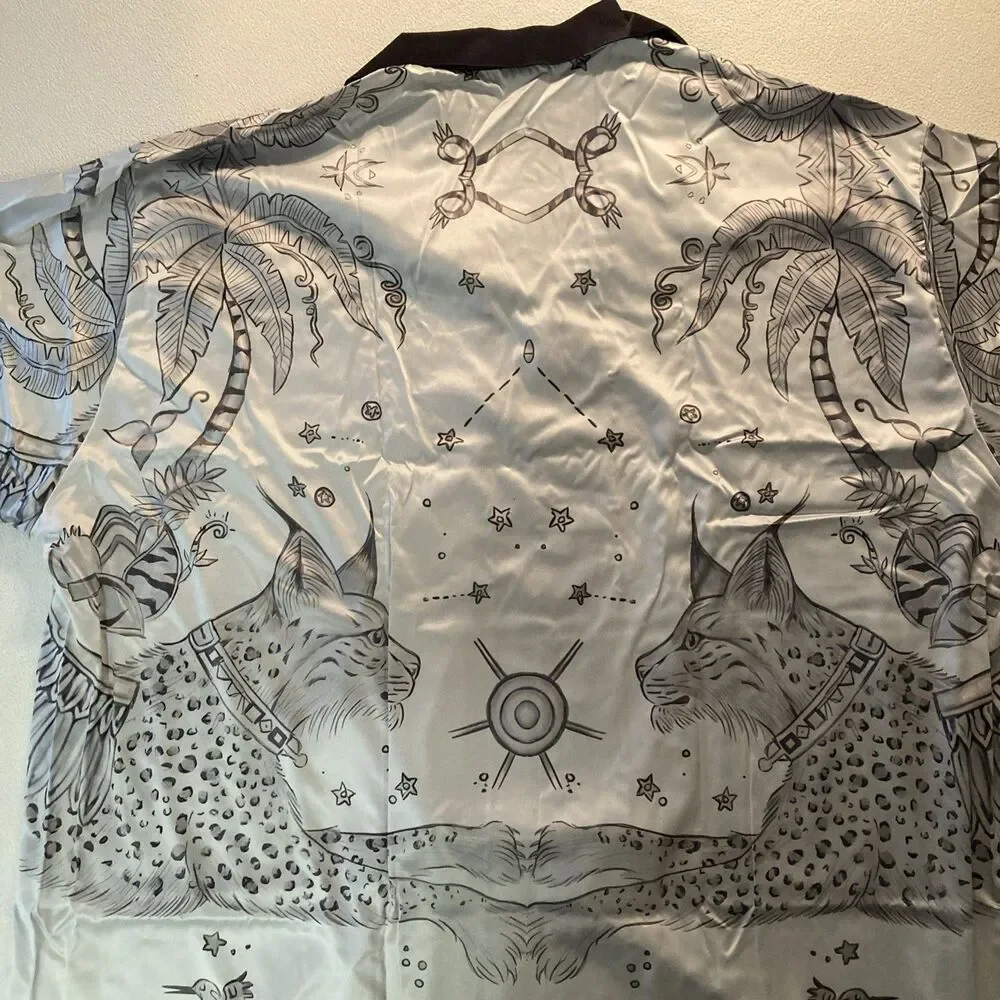 Custom Made Silk Like Lounge Shirt Size 5XL Geometric Design White/Black Classic - Picture 7 of 7
